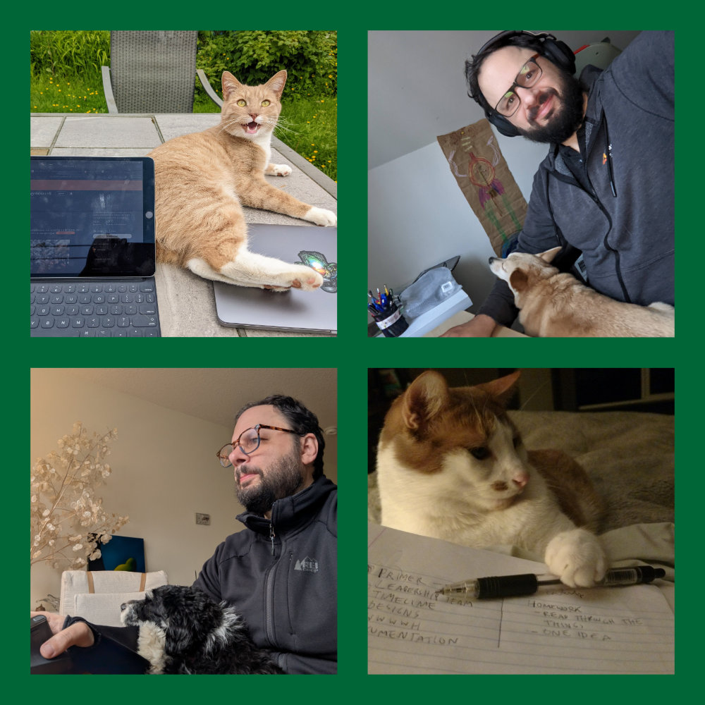 Peter sitting on a couch smiling with a small black dog on his lap